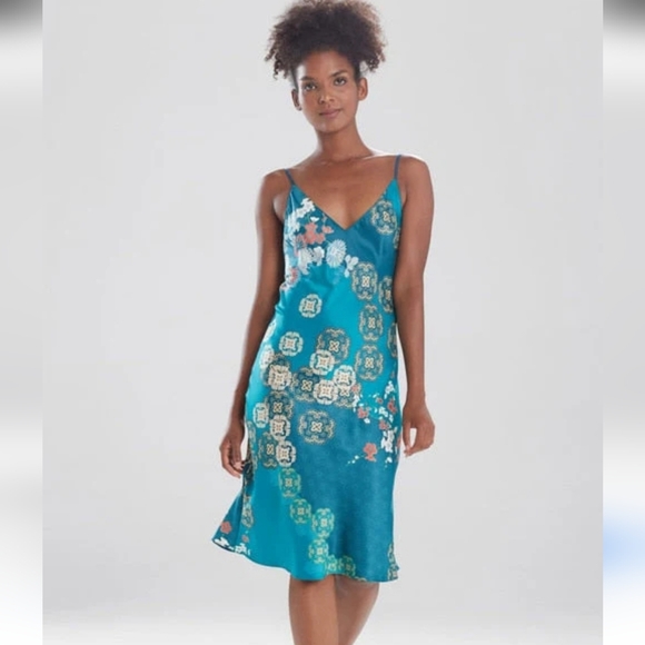 Natori Teal Floral Slip Dress - Picture 1 of 6